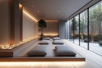 Poster - tranquil wellness retreat with meditation mats and calming lighting captured in a serene indoor spac