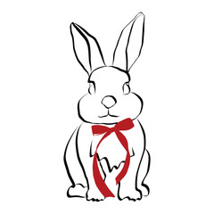 Fototapete - Easter bunny with bow in hand drawn coquette style. Vintage cute animal in simple crayon and sketch style. Trendy art for invitation and banner for holidays. Doodle vector illustration