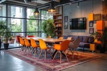 Fototapete - Colorful conference room with vibrant seating and modern decor designed for collaborative discussions and meetings