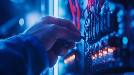 Poster - Technician adjusting circuit breakers in a control panel, illuminated with blue lighting