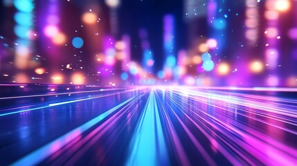Poster - Vibrant light trails and bokeh effects create a dynamic urban night scene with reflections