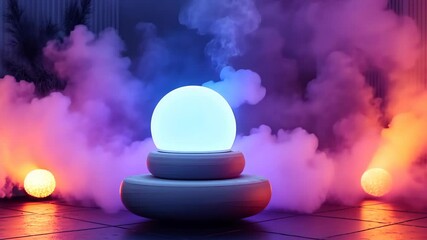 Poster - Art installation with glowing orb amid colorful fog in a modern setting