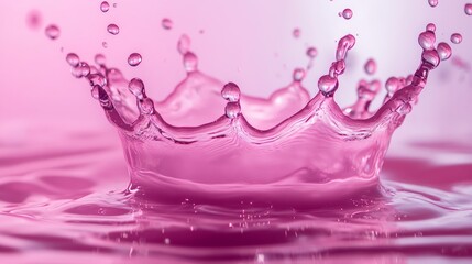 Poster - Pink water splash crown with droplets, close-up macro. Creative liquid art concept
