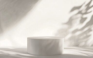 Poster - minimalist white podium is set against soft, shadowed background, ideal for showcasing beauty products. gentle play of light and shadow creates serene atmosphere
