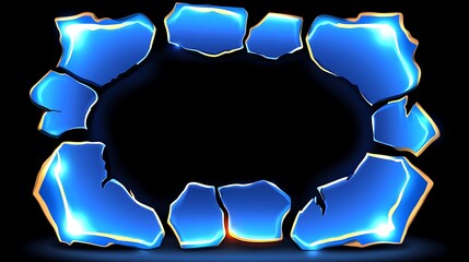 Poster - Glowing Blue Stone Frame with Golden Edges on Black Background