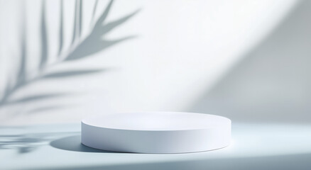 Poster - white circular podium is placed on light surface with soft shadow of palm leaf in background, creating minimalist and serene atmosphere