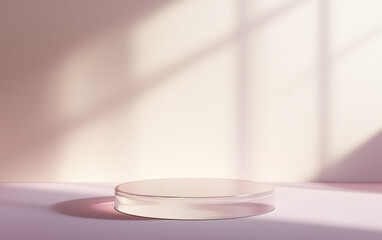 Poster - minimalist podium with soft shadows and neutral background creates serene atmosphere, ideal for showcasing beauty products. gentle lighting enhances elegant simplicity of scene