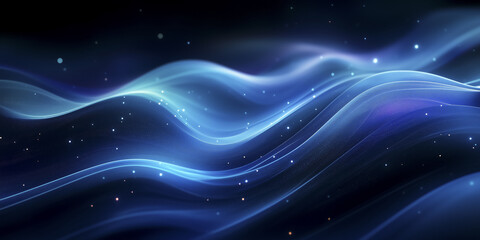 Poster - mesmerizing abstract image features flowing blue and black gradient waves with blurred effect, creating sense of motion and depth. Tiny white specks resemble stars scattered across scene