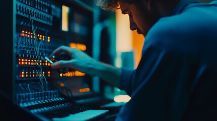 Poster - Musician adjusting synthesizer controls in a dimly lit studio, colorful light illuminating background