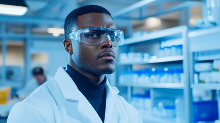 Poster - Focused scientist in laboratory setting, analyzing samples with equipment in background