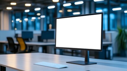 Poster - Modern office workspace featuring a blank monitor on a desk with a keyboard in a dimly lit environment