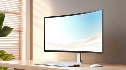 Poster - Modern curved monitor on a wooden desk with soft natural light and minimalistic decor