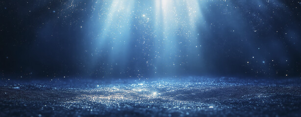 Poster - dark blue background with rays of light shining through, creating sparkling effect on textured surface, evokes sense of mystery and wonder