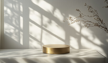 Poster - minimalist scene with golden circular platform on white surface, accented by soft shadows and delicate dried branches