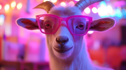 Poster - Goat with pink glasses in vibrant party lights, playful atmosphere. Fun animal concept