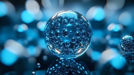 Poster - Crystal sphere with air bubbles floating against blurred blue bokeh background, reflective surface creates magical atmosphere, macro photography with shallow depth of field.
