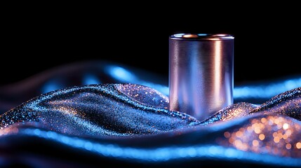 Poster - Metallic copper cylinder on shimmering blue fabric with glitter particles and bokeh effects creating magical atmosphere against dark background.