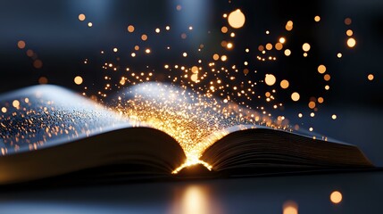 Poster - Magical open book with glowing golden light and sparkling particles rising from pages against dark background, creating mystical atmosphere.