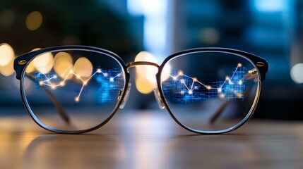 Poster - Eyeglasses reflecting stock market chart with blue glowing trading graph overlay on lens. Bokeh city lights background creates modern finance concept.