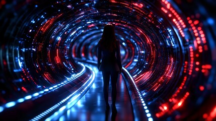 Poster - Silhouette of person standing in futuristic tunnel with spiral light effects in red and blue neon colors creating dynamic circular perspective and motion blur.