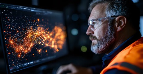 Poster - Mature bearded engineer in safety vest analyzing digital network visualization with glowing orange data points on dark screen in control room environment.