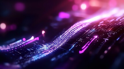 Poster - Glowing purple and pink digital wave pattern with particles and light effects on dark background, futuristic technology concept for business presentations.
