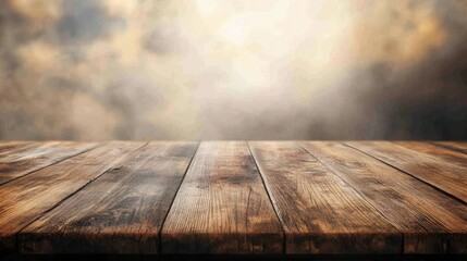 Poster - A wooden table top with cloudy atmospheric background lighting