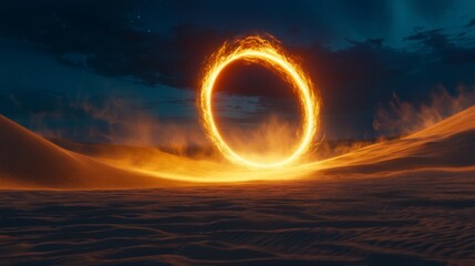 Wall Mural - Glowing fiery ring hovering in desert at night, mystical atmosphere concept