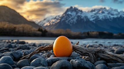 Wall Mural - Orange egg on rocky riverbank with snowy mountains at sunrise. Nature concept