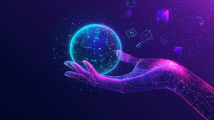 Poster - A hand holding a glowing holographic chatbot globe, digital AI network connecting global users
