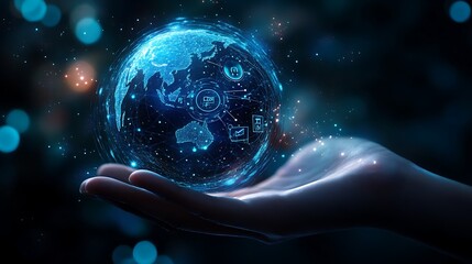 Poster - A futuristic hand holds a glowing holographic globe, surrounded by digital shields and locks, symbolizing global security compliance.







