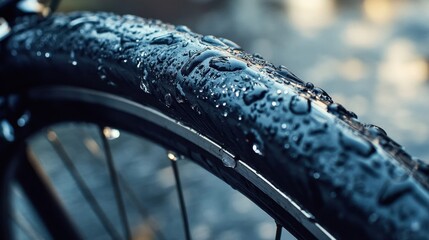 Poster - Close up photograph of a bicycle tire with raindrops visible