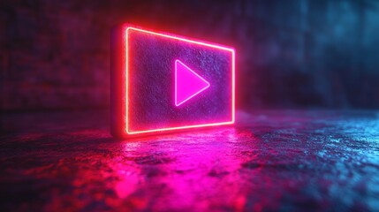 Aufkleber - Glowing neon play button on textured surface, digital media concept