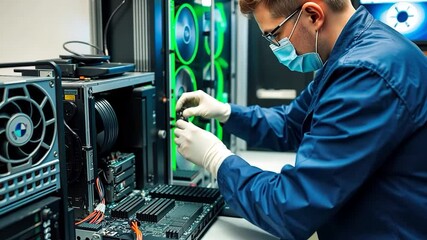 Computer engineer working on a server with green cooling fans carefully