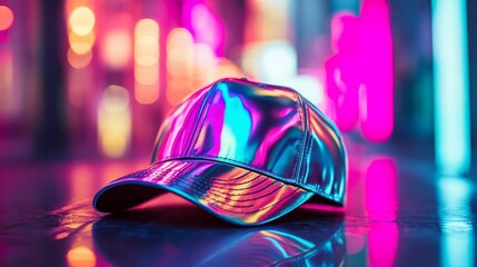 Poster - Shiny metallic cap on reflective surface with vibrant neon lights, futuristic fashion