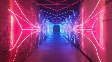 Poster - Illuminated tunnel with bright neon lights in vibrant color scheme