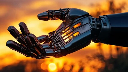 Poster - Robotic hand reaching towards a sunset in a futuristic landscape