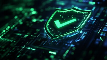 Aufkleber - Glowing green shield with digital checkmark on a circuit board, cybersecurity concept