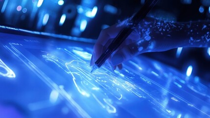 Poster - A hand is holding a stylus above a glowing digital surface