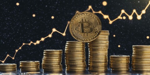 Poster - Bitcoin Coins Stacked on Top of Each Other With a Financial Growth Chart in the Background at a Bright, Digital Display