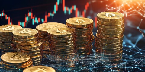 Poster - Bitcoin Stacked Coins Showcasing Cryptocurrency Trends Against Blurred Financial Data Background