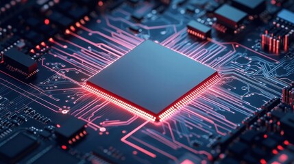 Poster - An illuminated microchip on a complex integrated circuit board