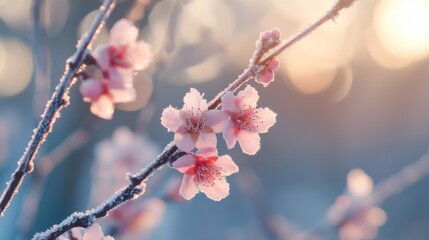 Poster - Frosty pink cherry blossoms in sunlight, close-up. Nature and beauty concept