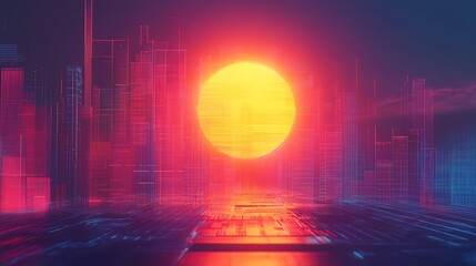 Poster - Futuristic Cityscape With Vibrant Sunset Illuminating Digital Skyline