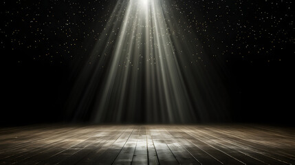 Poster - A tranquil wooden floor illuminated by a beautiful beam of light shining down creating a serene and inviting atmosphere.