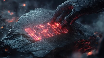 Poster - A metallic hand touches glowing inscription on a rough rock
