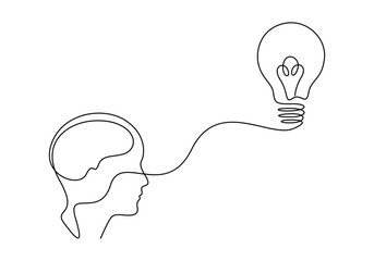 Poster - A drawing of a man with a light bulb on his head one line drawing. Single line art. Vector illustration