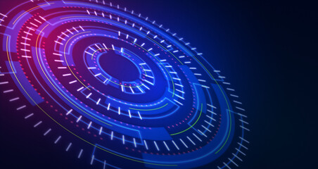 Poster - Holographic technology interface. Futuristic circular design with glowing lines. Suitable for tech, science fiction or digital design projects.