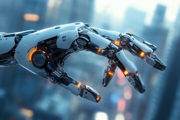 Poster - A white and chrome robot hand hovers with a blurred cityscape behind it. Use for future tech, artificial intelligence, robotics, and automation concepts.