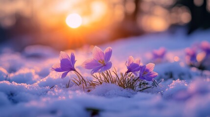 Aufkleber - Purple crocuses bloom through snow at sunset, warm light. Nature's resilience concept